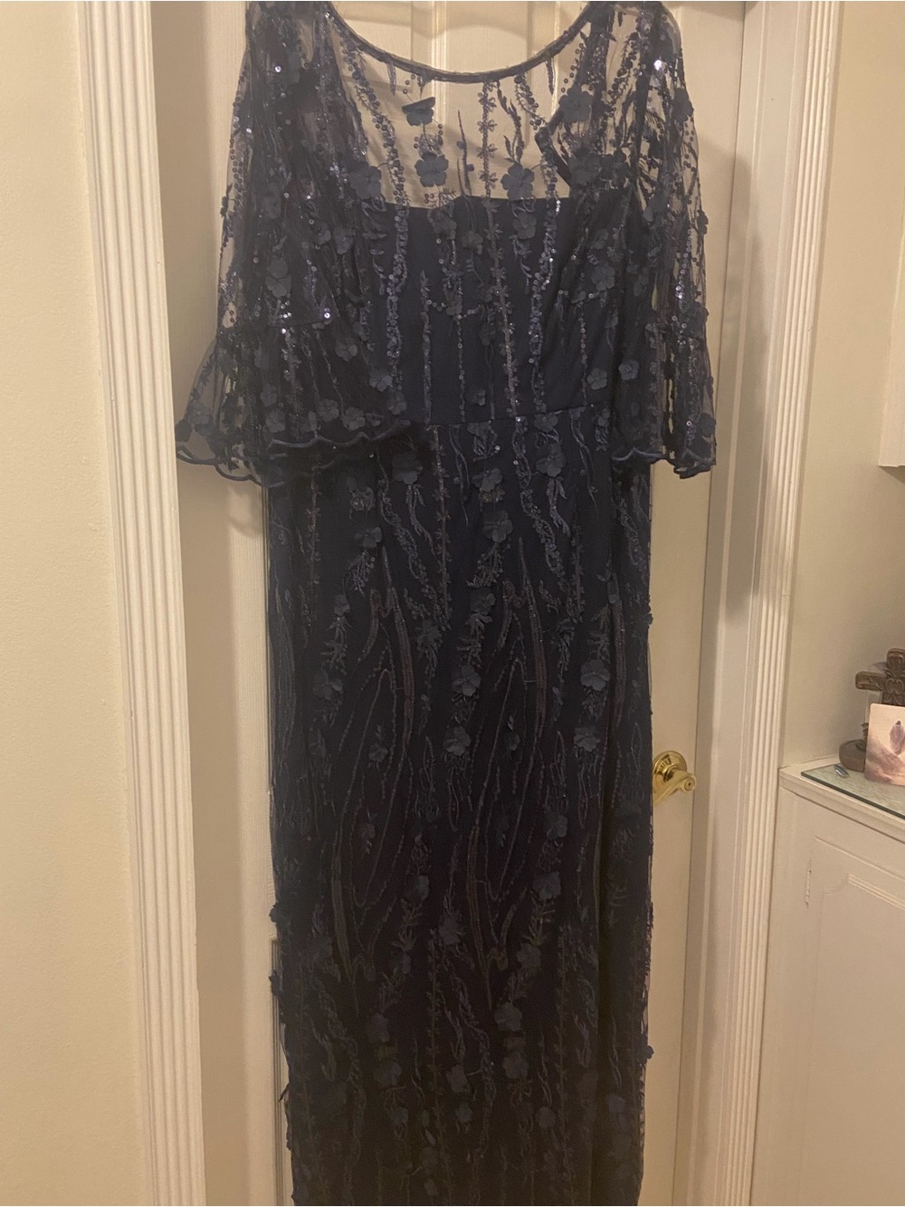 Adrianna Papell Navy Floral Sequin Gown